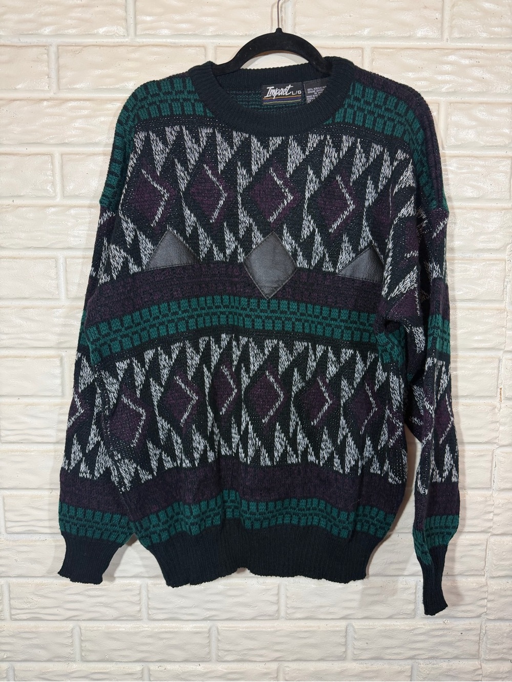 Vintage 90s Impact L/G Geometric Sweater Genuine Leather Appliqué Size L